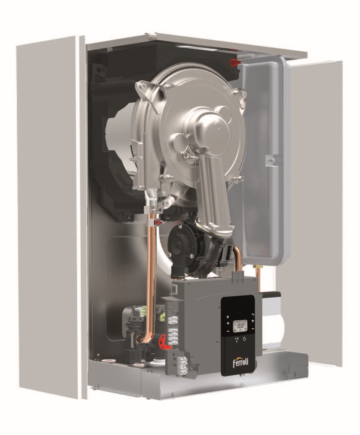 Interior de la caldera Ferroli Bluehelix Alpha 24 kW mostrando el intercambiador de acero inoxidable y componentes de alta eficiencia energética.