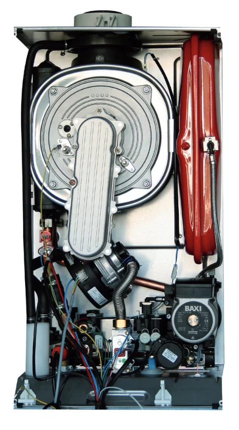 Interior de la caldera Baxi Neodens Plus Eco 24 kW con intercambiador de acero inoxidable y sistema de alta eficiencia energética
