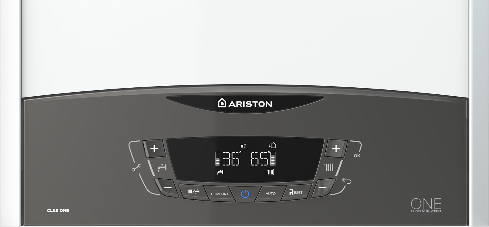 Panel digital de la caldera Ariston Clas One 24 kW con controles de confort y conectividad WiFi